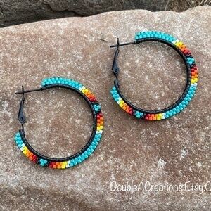 Turquoise with Native Colors 1 1/4” Beaded Hoops, New, Handmade by Me